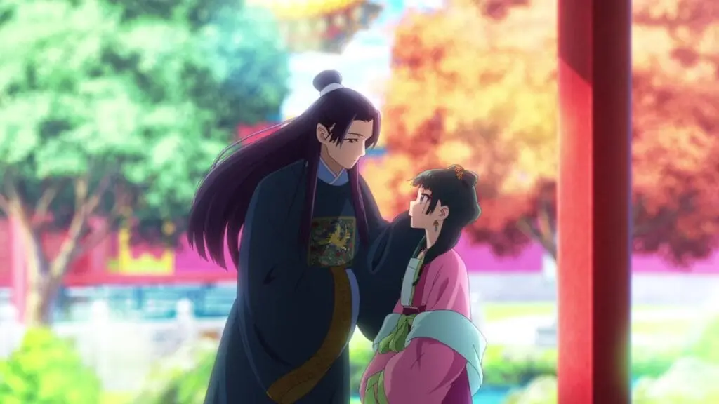 Edited Still of Jinshi and Maomao. Image © Natsu Hyuuga (author), Touko Shino (illustrator), TOHO animation, and OLM Studio.