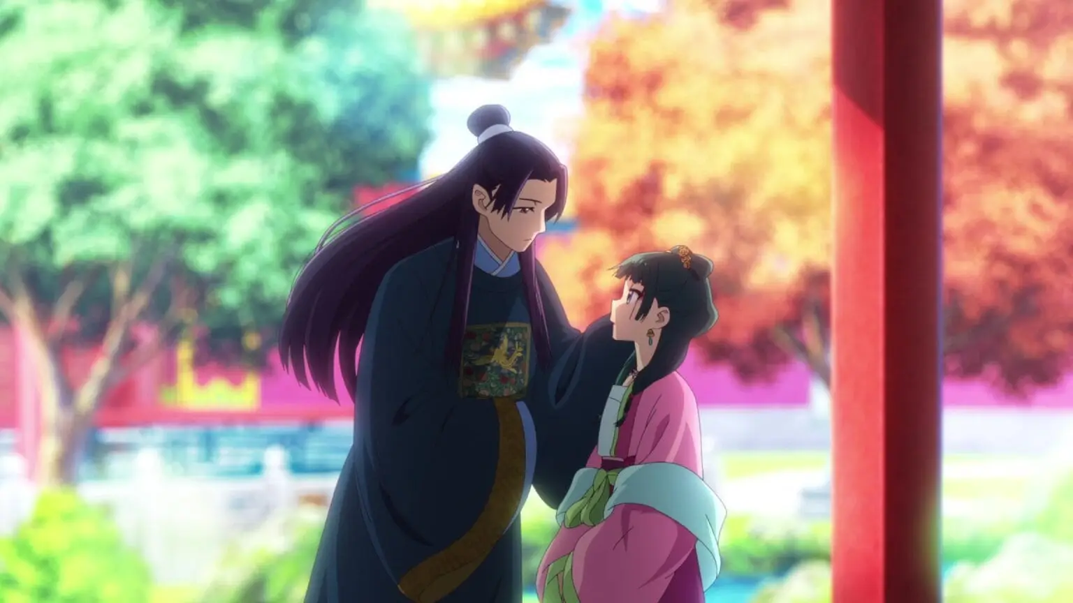 Edited Still of Jinshi and Maomao. Image © Natsu Hyuuga (author), Touko Shino (illustrator), TOHO animation, and OLM Studio.