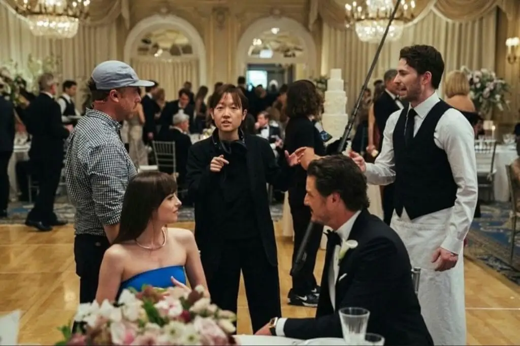 Celine Song with the cast. Still used for Materialists Review