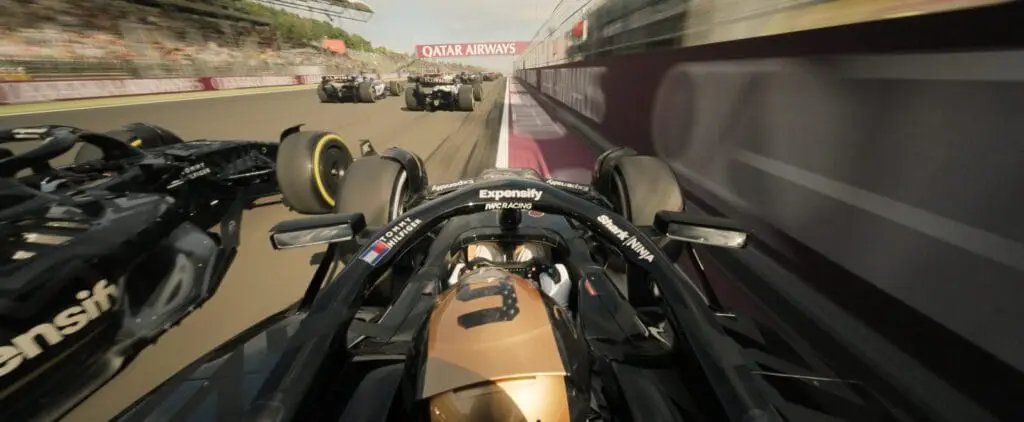 Hyper realistic shot of F1 car in race. Image courtesy of Apple Original Films, Warner Bros., and the official production partners.