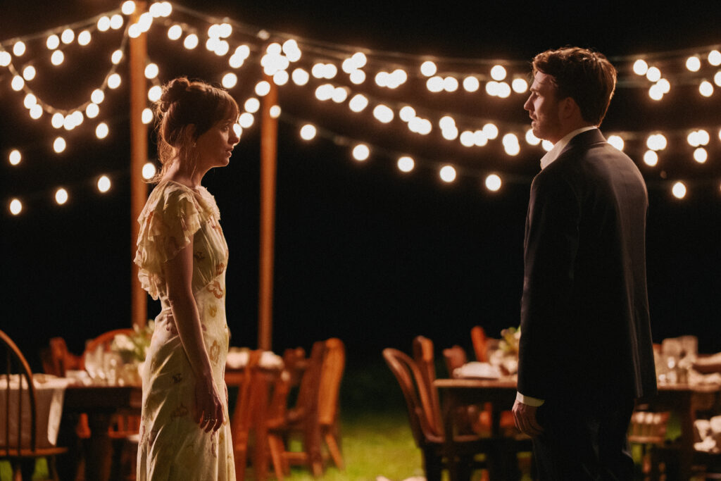 Dakota Johnson and Chris Evans in a scene from Materialists (2025), directed by Celine Song. Image courtesy of A24. Used for Materialists Review commentary.