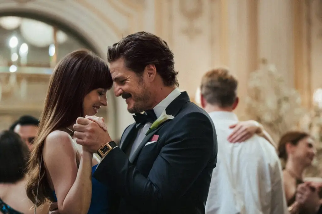 Dakota Johnson, and Pedro Pascal in a scene from Materialists (2025), directed by Celine Song. Image courtesy of A24. Used for review Materialists Review commentary.