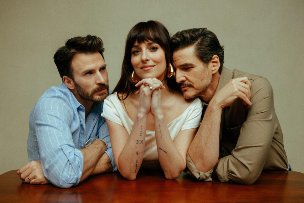 Dakota Johnson, Chris Evans, and Pedro Pascal