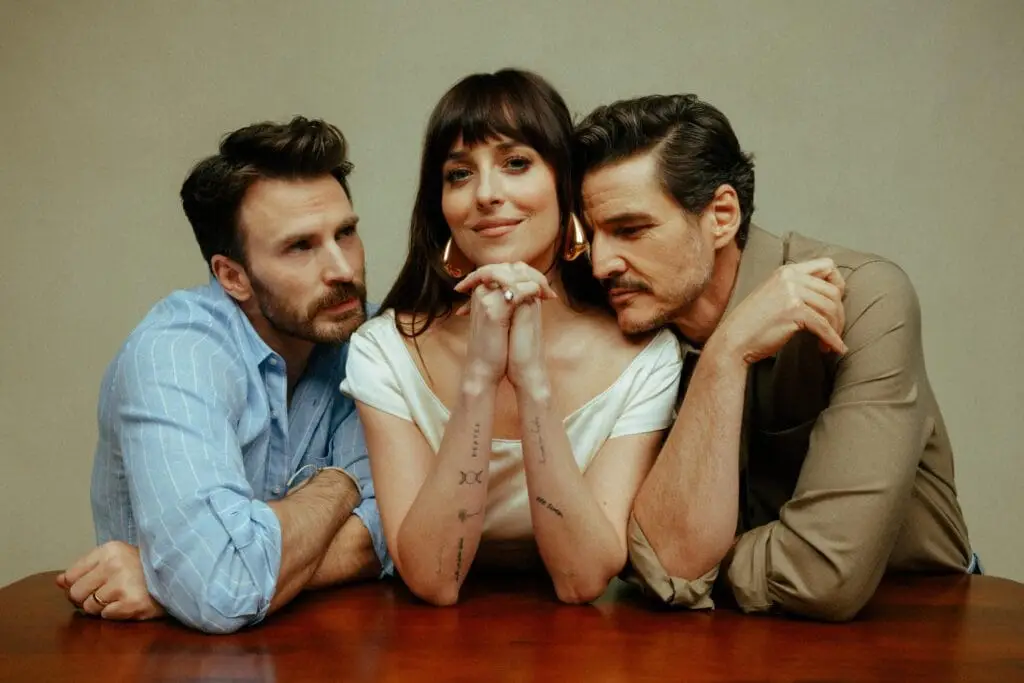 Dakota Johnson, Chris Evans, and Pedro Pascal