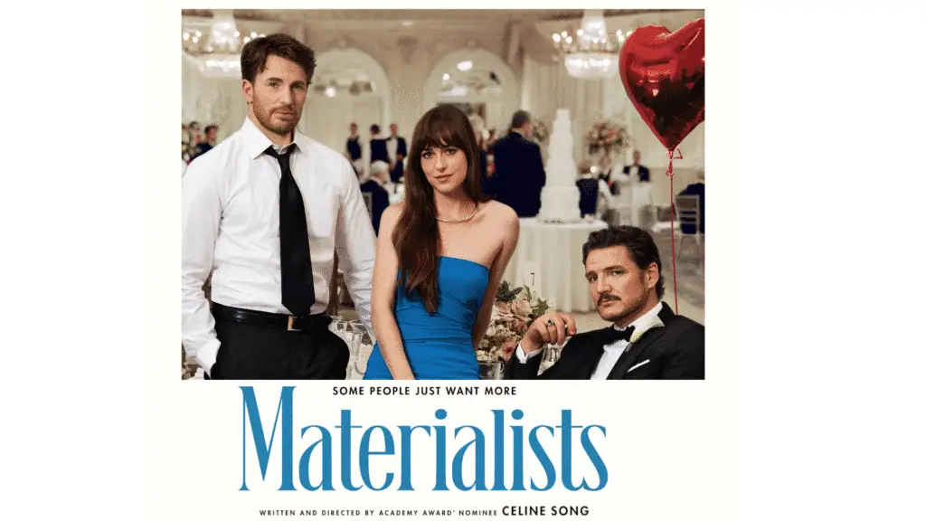 Dakota Johnson, Chris Evans, and Pedro Pascal in a scene from Materialists (2025), directed by Celine Song. Image courtesy of A24. Used for Materialists Review commentary.