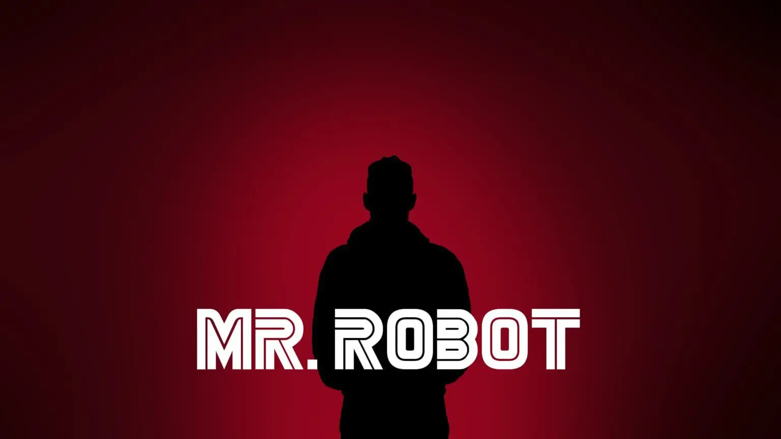 Silhouette of Elliot Alderson in hoodie on red background – Mr Robot review image. Official promotional artwork by USA Network.