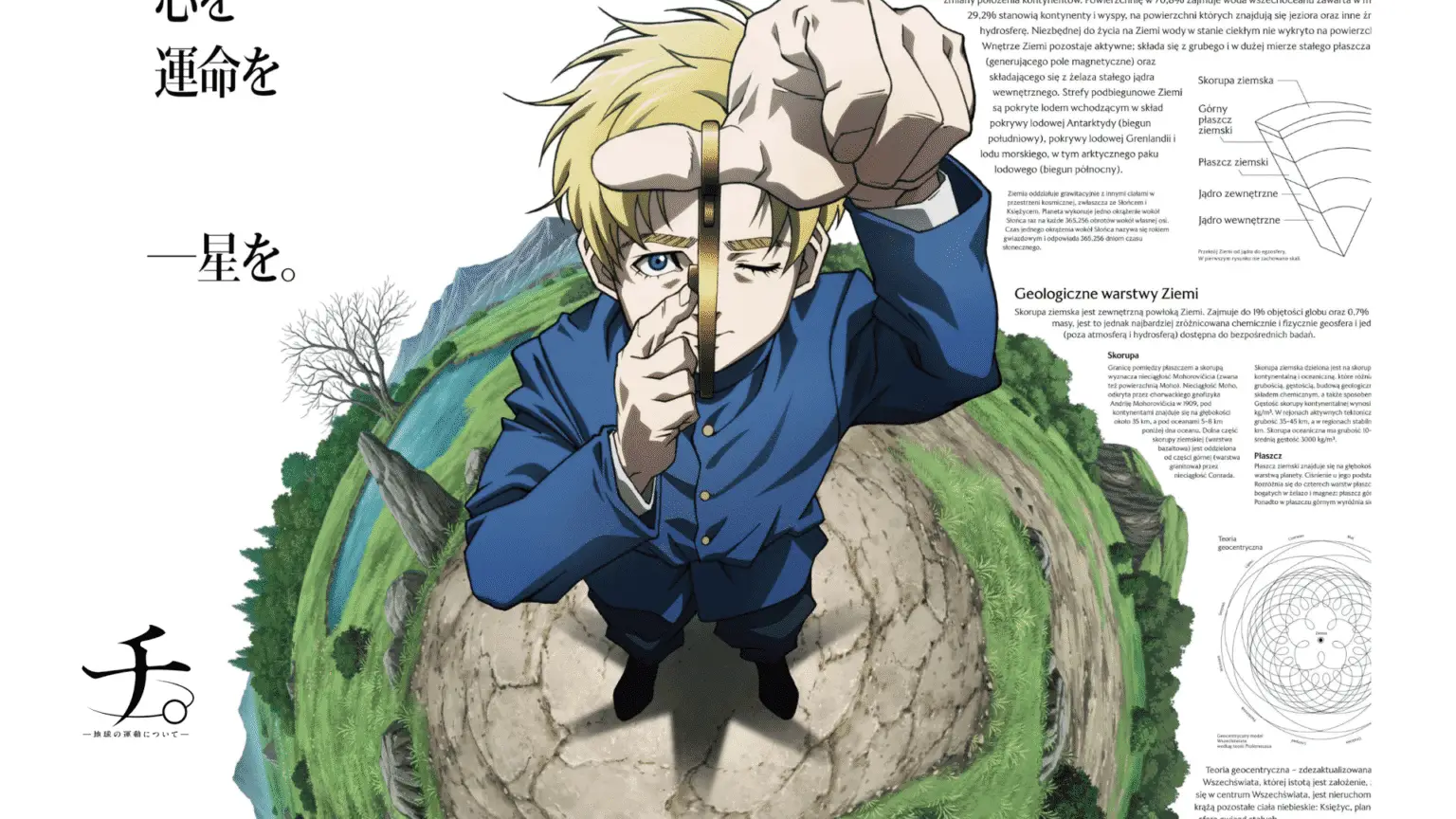 Orb: On the Movements of the Earth anime key visual featuring Rafal measuring the sky