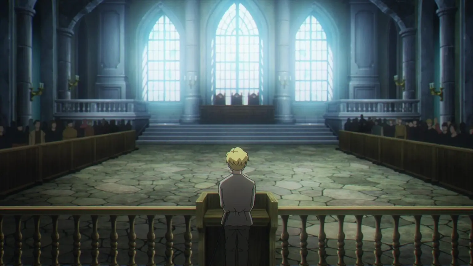 Courtroom scene from Orb: On the Movements of the Earth with Rafal on trial for heresy