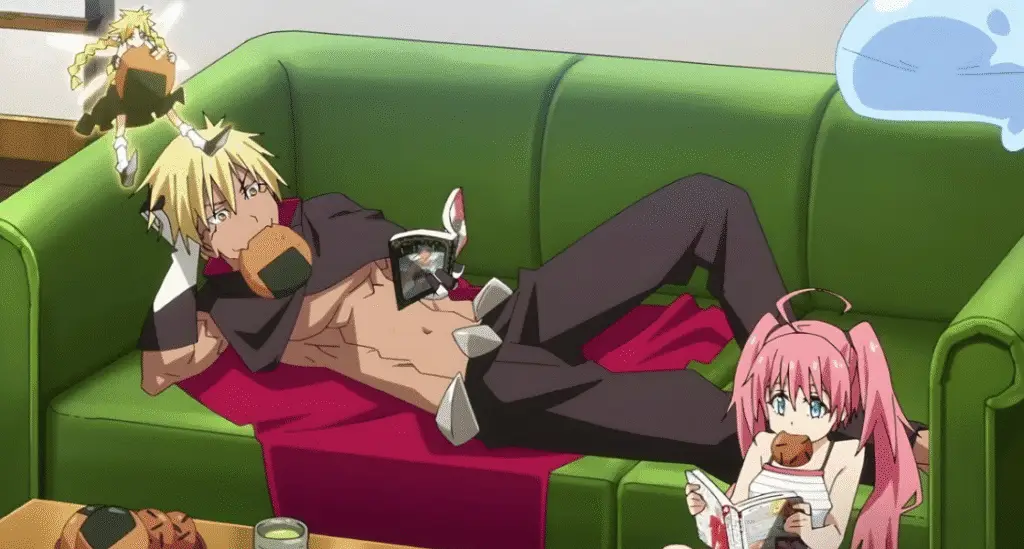 Rimuru and his friends lazily eating snacks and reading manga.