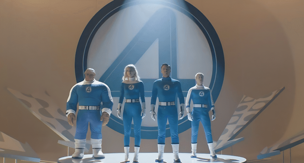 Pedro Pascal, Vanessa Kirby, Joseph Quinn, and Ebon Moss-Bachrach as Marvel’s First Family. Image © 2025 20th Century Studios / © & ™ 2025 Marvel. Edited by The Watchlist Diaries.