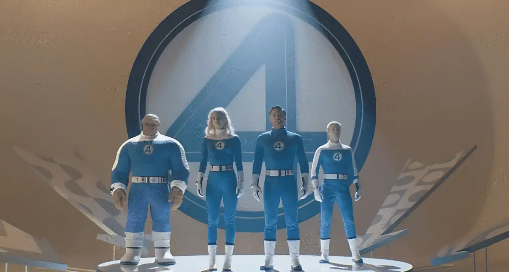 Pedro Pascal, Vanessa Kirby, Joseph Quinn, and Ebon Moss-Bachrach as Marvel’s First Family. Image © 2025 20th Century Studios / © & ™ 2025 Marvel. Edited by The Watchlist Diaries.