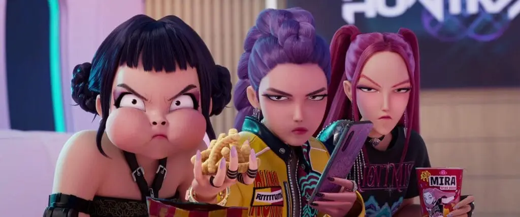 Funny scene with Huntrix. Image courtesy of Netflix and Sony Pictures Animation.