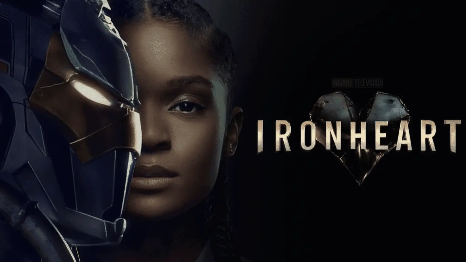 Official Ironheart poster featuring Riri Williams (Dominique Thorne) with her armored helmet split down the center. © Marvel Studios, Marvel Television, and Disney. Minor edits applied for Ironheart review purpose.