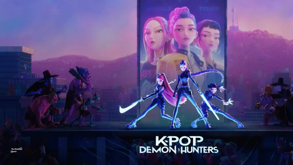 Poster of Kpop Demon Hunters featuring HUNTR/X members Rumi, Mira, and Zoey in battle stances on a rooftop with a cityscape and demon enemies in the background. Used here for Kpop Demon Hunters review.
