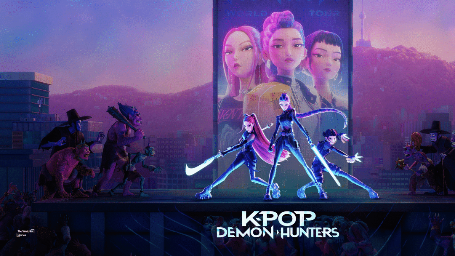 Poster of Kpop Demon Hunters featuring HUNTR/X members Rumi, Mira, and Zoey in battle stances on a rooftop with a cityscape and demon enemies in the background. Used here for Kpop Demon Hunters review.