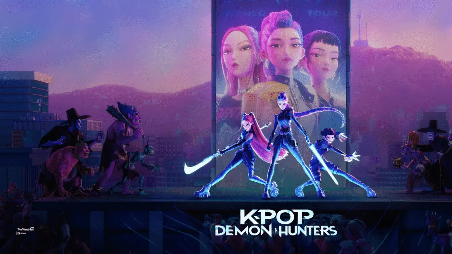 Poster of Kpop Demon Hunters featuring HUNTR/X members Rumi, Mira, and Zoey in battle stances on a rooftop with a cityscape and demon enemies in the background. Used here for Kpop Demon Hunters review.