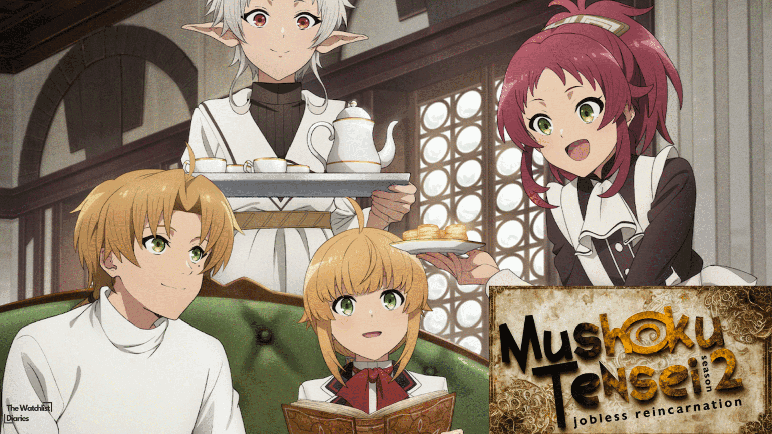 Mushoku Tensei imagery showing Rudy, Sylphy, Norn and Aisha. Used here for Mushoku Tensei Review commentary. Image © Rifujin na Magonote / MFBOOKS / Mushoku Tensei II Production Committee.