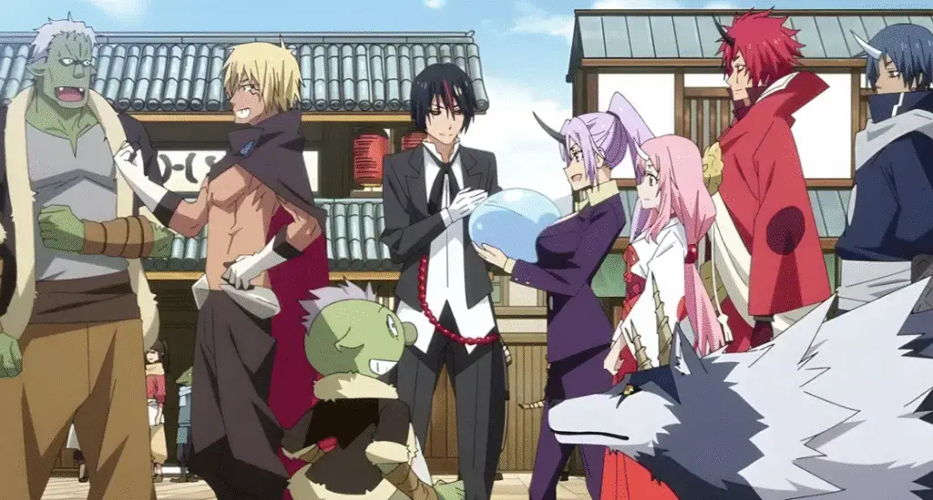 RImuru Tempest and his friends walking in the streets of Tempest.