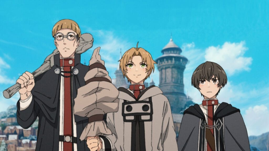 Rudeus with his friends Zanoba and Cliff. Image © Rifujin na Magonote / MFBOOKS / Mushoku Tensei II Production Committee.