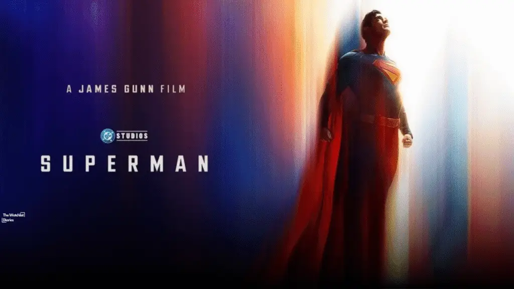 Superman (2025) official poster featuring David Corenswet in the Superman suit, standing in a beam of light. Used here for Superman (2025) review puprose. © DC Studios / Warner Bros. Pictures