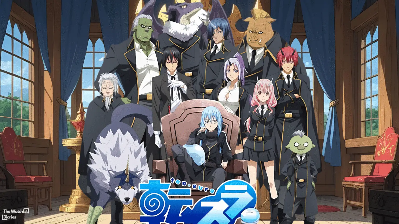 Rimuru Tempest sits confidently surrounded by his trusted allies from the Tempest Federation in That Time I Got Reincarnated as a Slime. Group shot featuring Benimaru, Shuna, Diablo, Gobta, Ranga, and others. Edited by The Watchlist Diaries.