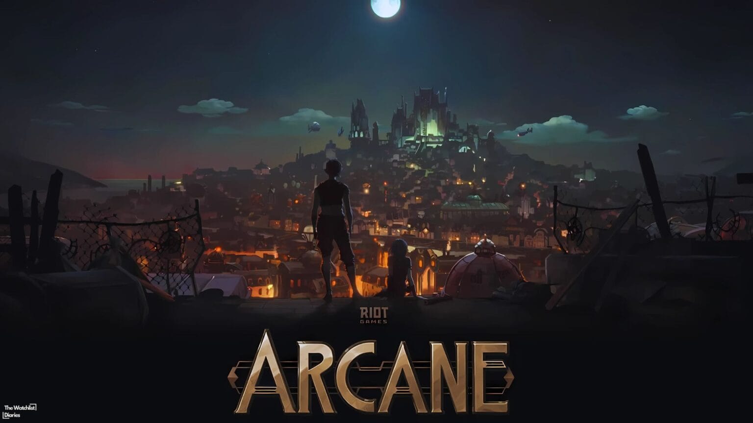 Arcane League of Legends Netflix poster featuring Vi and Jinx overlooking Piltover under the moonlight, official artwork by Riot Games.