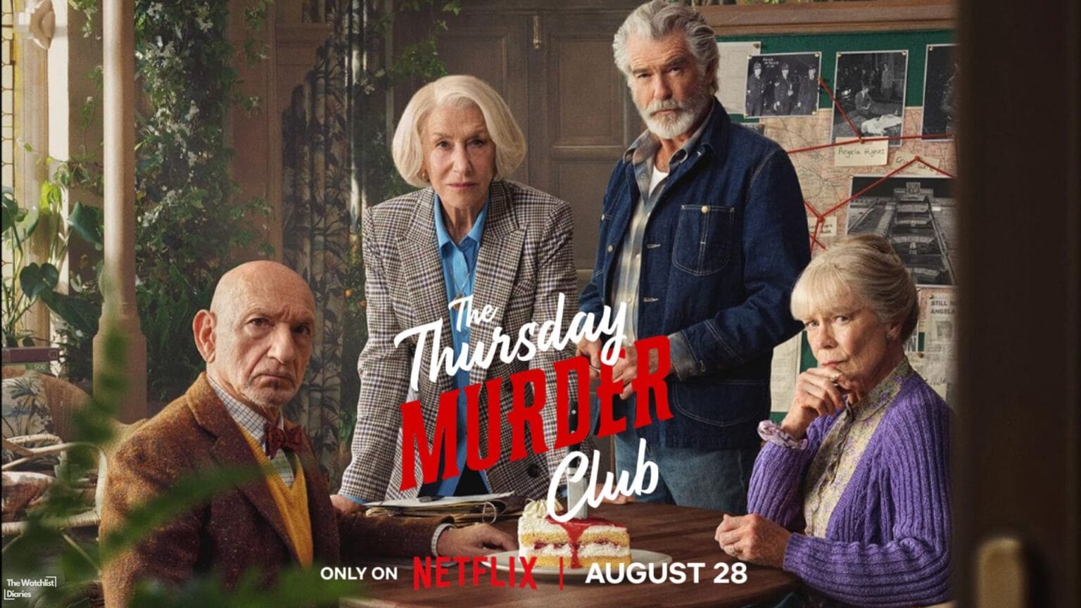 The Thursday Murder Club featuring Dame Helen Mirren, Pierce Brosnan, Ben Kingsley, and Celia Imrie. Image courtesy of Netflix. Edited imaged used here for The Thursday Murder Club Review.