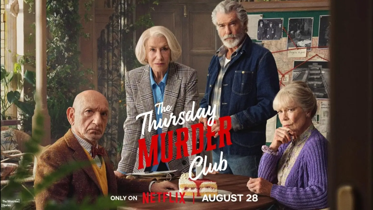 The Thursday Murder Club featuring Dame Helen Mirren, Pierce Brosnan, Ben Kingsley, and Celia Imrie. Image courtesy of Netflix. Edited imaged used here for The Thursday Murder Club Review.
