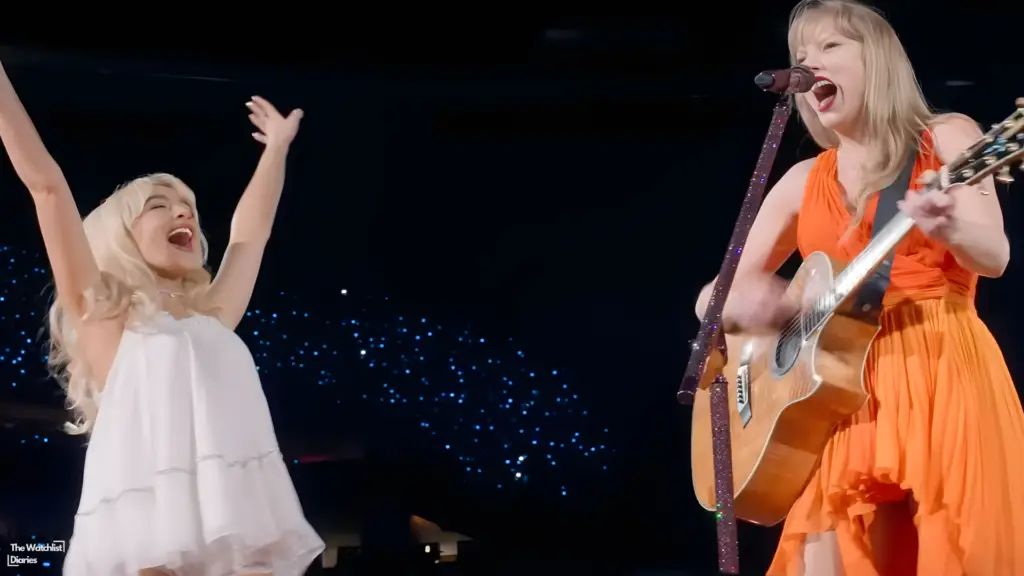 Edited still of Taylor with Sabrina. Used here for review. Image © OPC | Object & Animal | Taylor Swift Productions