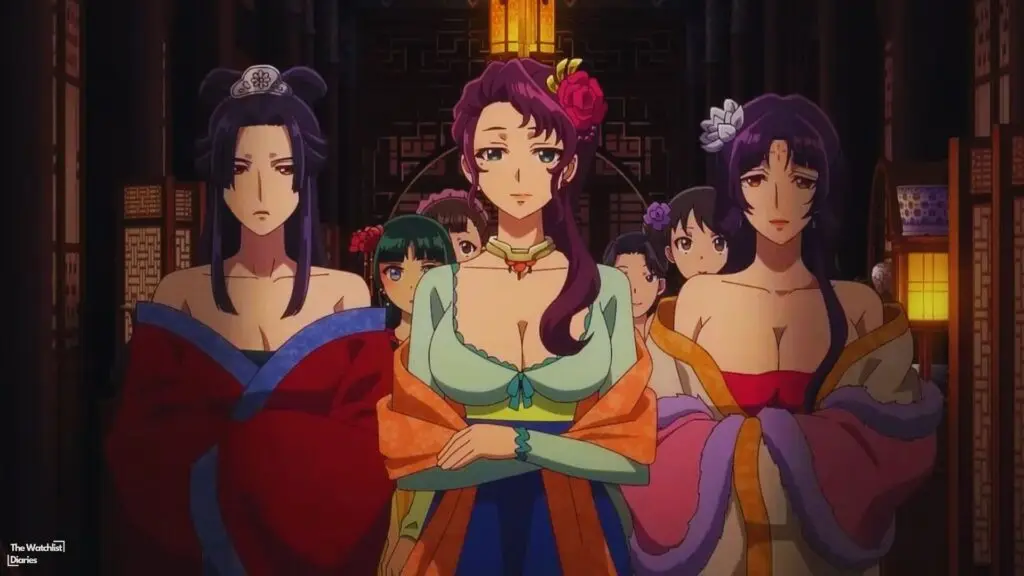 Edited Still of three princesses of the Verdigris House. Image © Natsu Hyuuga (author), Touko Shino (illustrator), TOHO animation, and OLM Studio.