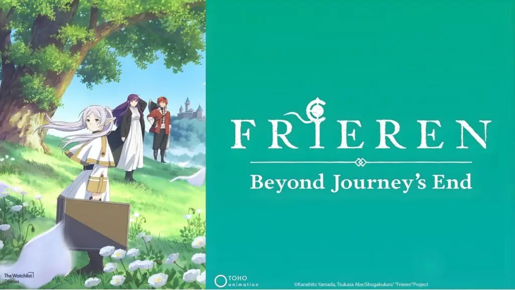 Frieren Beyond Journey's End anime characters Frieren Fern and Stark traveling through a fantasy landscape. Edited Poster. Used her for Is Frieren Worth Watching?