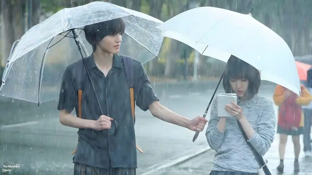 Edited still of Shunsuke Michieda as Toru Kamiya, Riko Fukumoto as Maori Hino. Image © Toho Studios