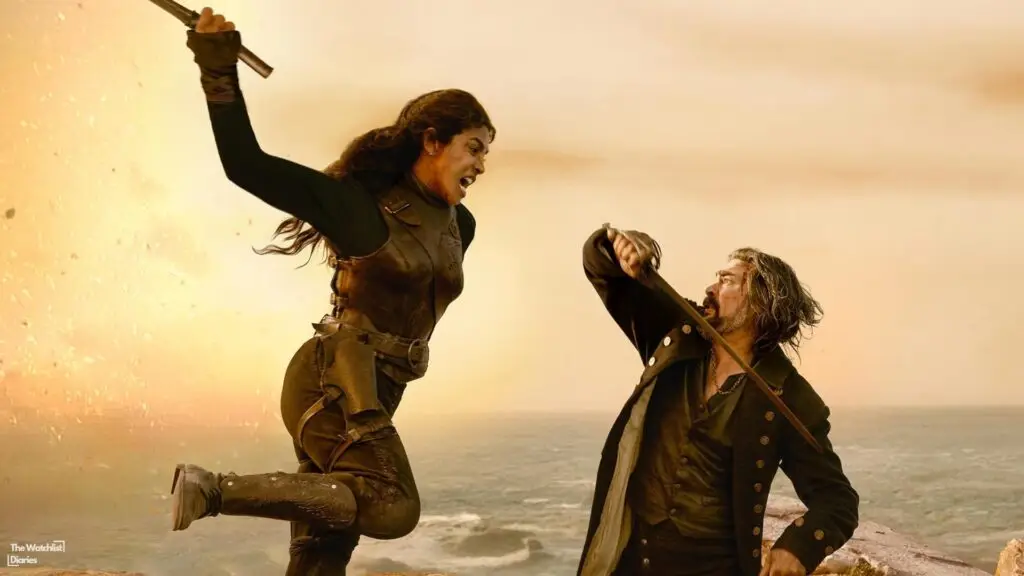 The Bluff 2026 Movie. Edited Image Used here for The Bluff Movie Review. Priyanka Chopra and Karl Urban in The Bluff. Image Courtesy - Prime Videos