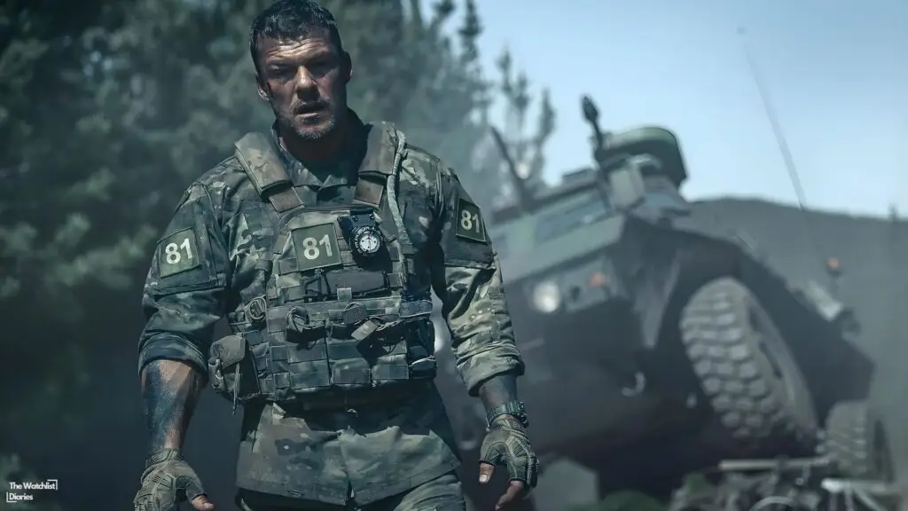 Edited still of Alan Ritchson as 81 in War Machine (2026). Image © Netflix