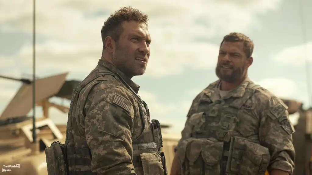 Edited still of Alan Ritchson and Jai Courtney in War Machine (2026). Image © Netflix