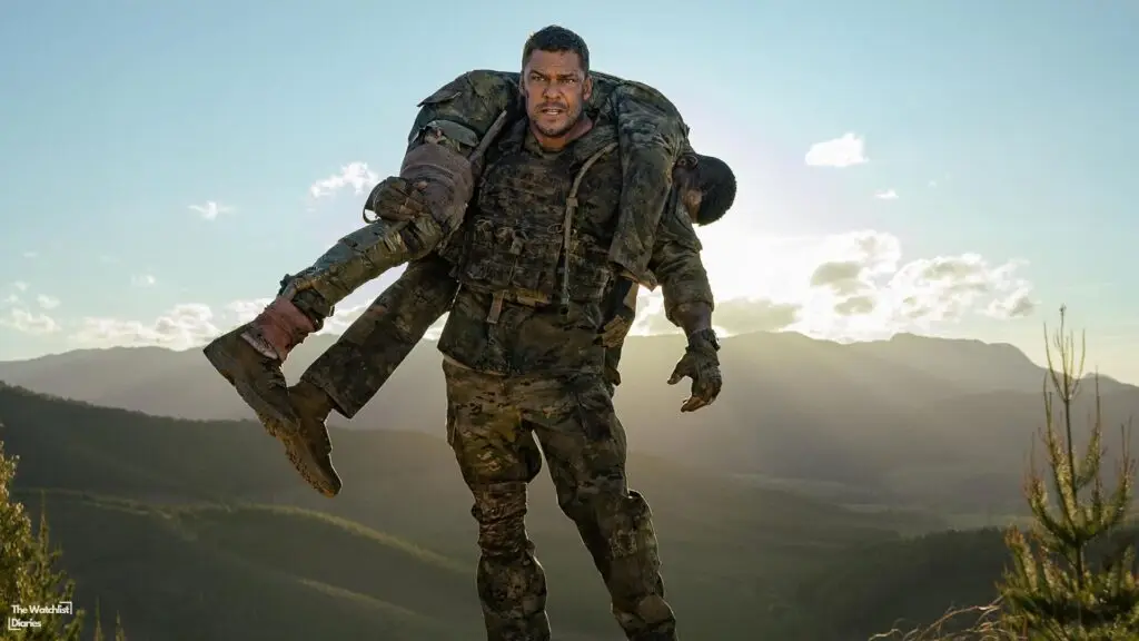 Edited still of Alan Ritchson and Stephan James in War Machine (2026). Image © Netflix