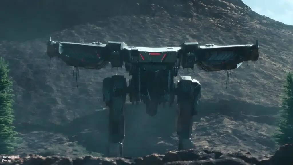 Edited still of Alien Machine in War Machine (2026). Image © Netflix