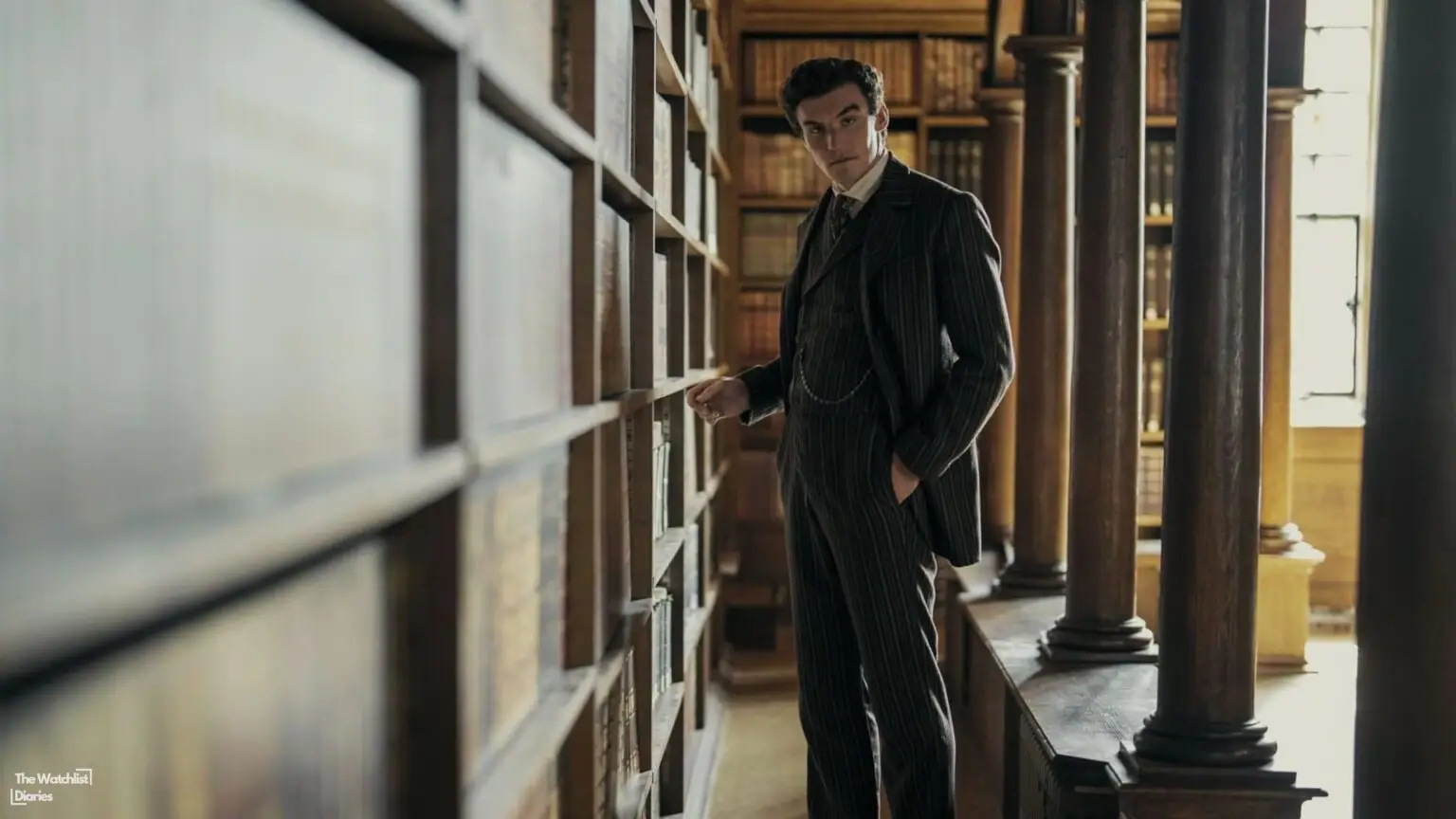 Edited still of Dónal Finn as James Moriarty in Young Sherlock (2026). Image © Amazon MGM Studios