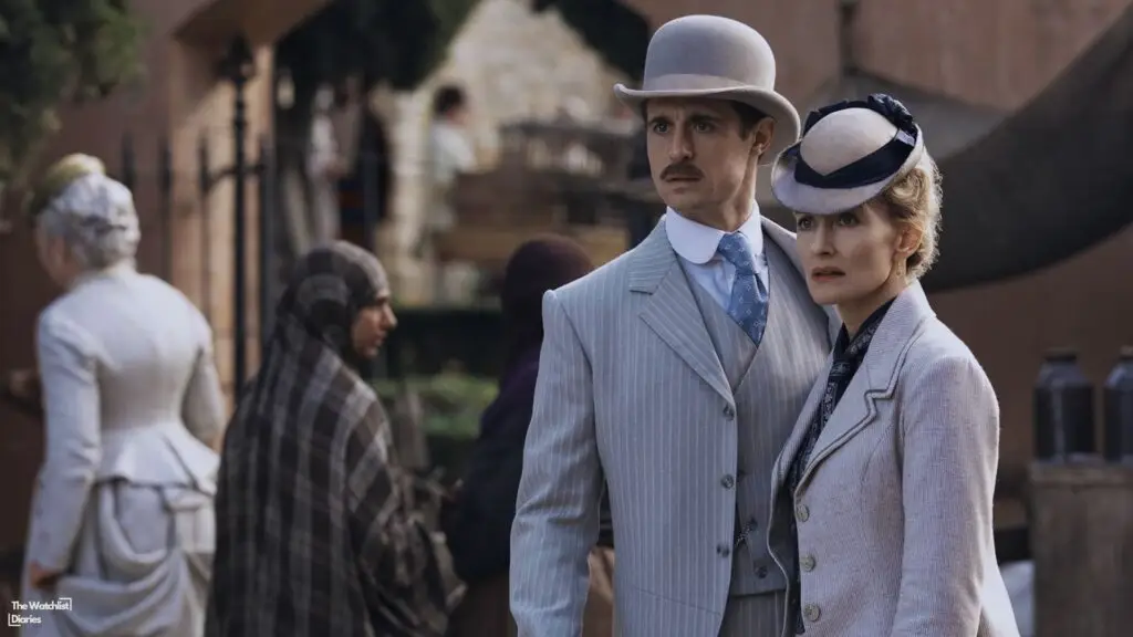 Edited still of Natascha McElhone as Cordelia Holmes and Max Irons as Mycroft Holmes in Young Sherlock (2026). Image © Amazon MGM Studios