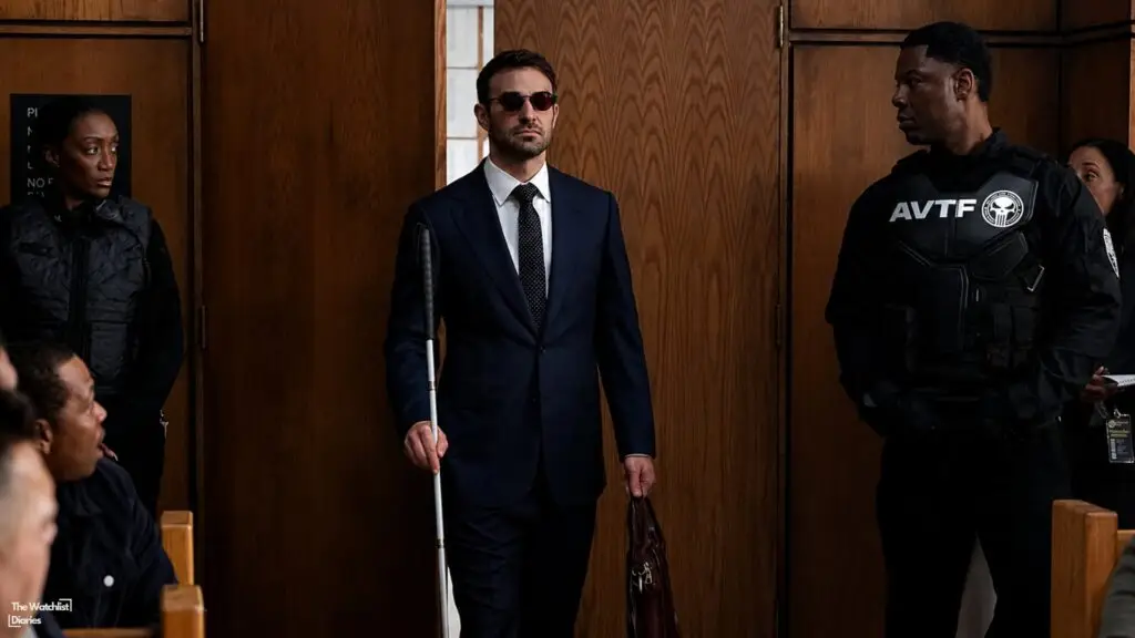Edited still of Matt Murdock being fashionably late to Karen Page's trial. Image © Marvel Television | Disney+