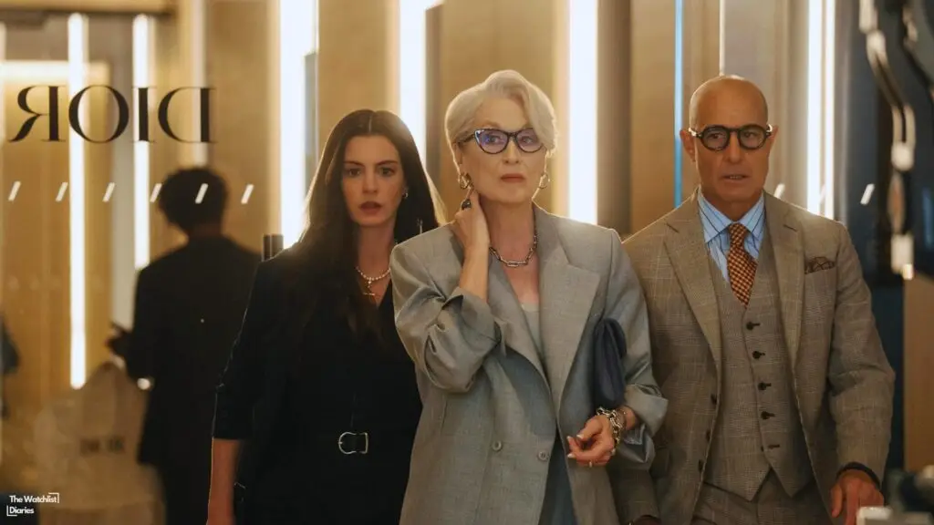 Edited still of Meryl Streep, Stanley Tucci, and Anne Hathaway in The Devil Wears Prada 2 (2026). Image © Wendy Finerman Productions | 20th Century Studios