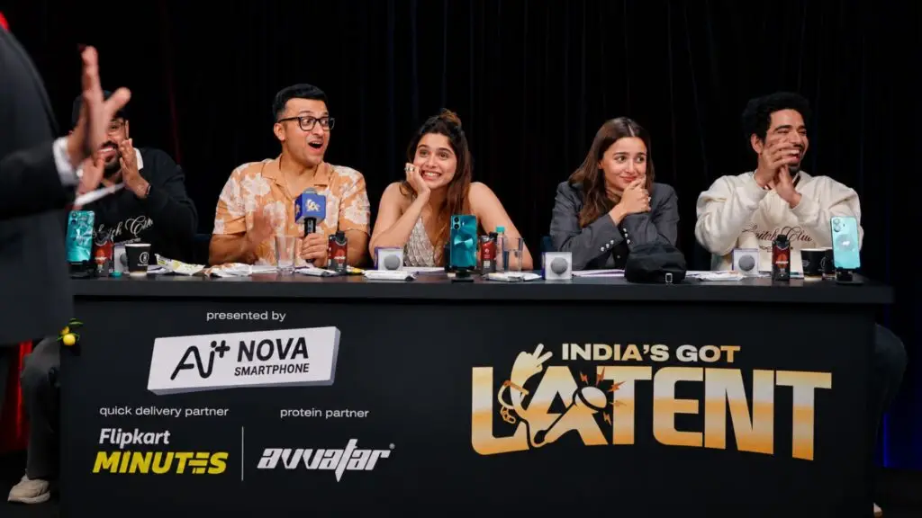 Still of the panel in India's Got Latent Season 2 Episode 1. Image © Samay Raina YT Channel | Netflix