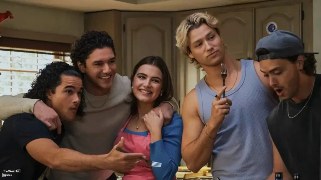 Edited still of Belmont Cameli, Ella Bright, Antonio Cipriano, Jalen Thomas Brooks, and Stephen Kalyn in Off Campus (2026). Image © Prime Video