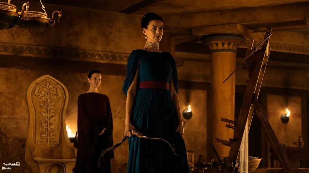 Edited still of Anne Hathaway and Mia Goth in The Odyssey (2026). Image © Syncopy | Universal Pictures