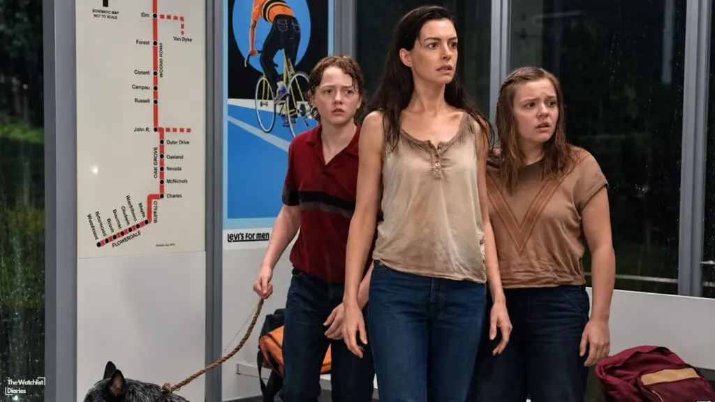 Edited still of Anne Hathaway, Maisy Stella, and Christian Convery in The End of Oak Street (2026). Image © Bad Robot | Jackson Pictures | Warner Bros. Pictures